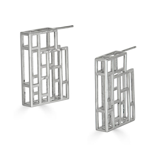 Grid 3D Hoop Earrings, Sterling Silver