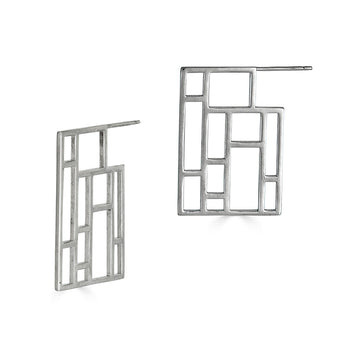 Grid Flat Hoop Earrings, Sterling Silver