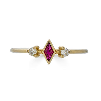 Delicate Lab Created Ruby and Moissanite Accent Kite Ring, 14k Yellow Gold